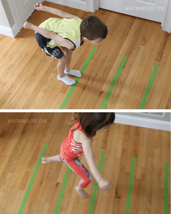 two pictures of a child playing with tape on the floor