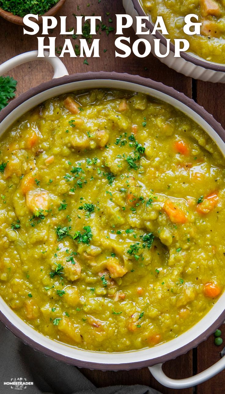 two bowls of split pea and ham soup on a wooden table with parsley garnish