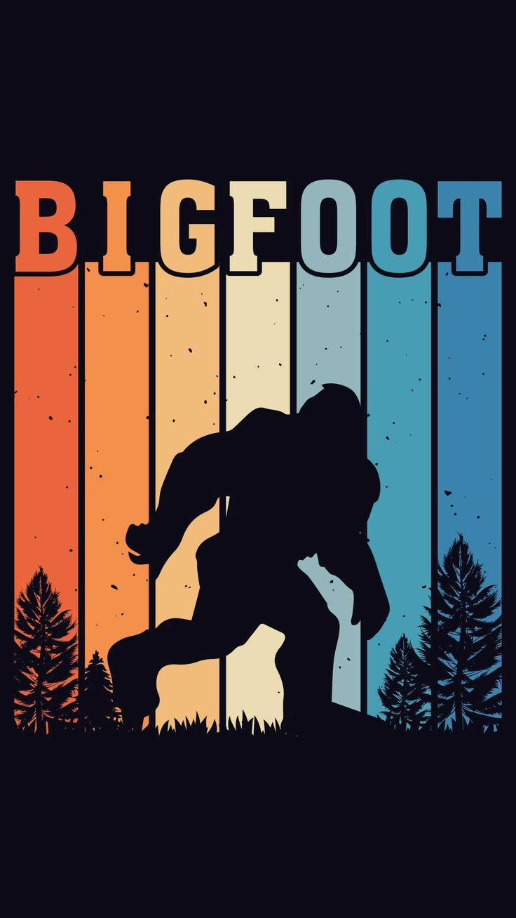 a bigfoot is standing in front of trees and the words bigfoot on it