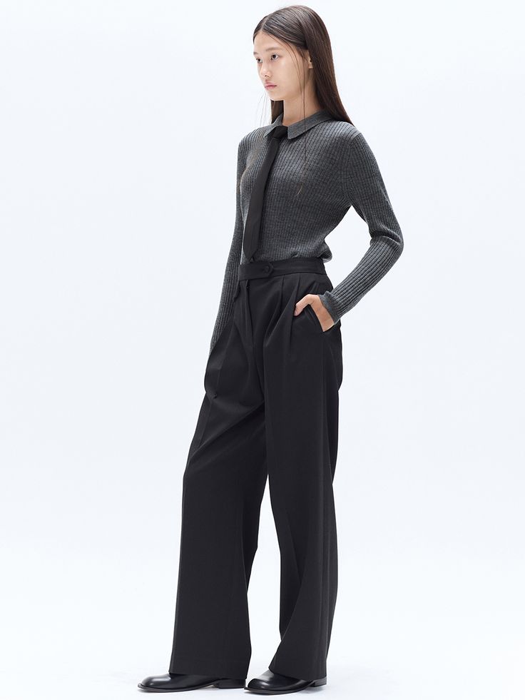 Editor’s notesThe HAE BY HAEKIM’s new Pintuck Tailored Wide Pants feature a flap pocket and covered button detail with a regular fit and wide relaxed silhouette. The rayon mixed fabric is soft and comfortable to wear. The minimal design matches well with various items and daily looks.- Daily and minimal mood- Flap pocket and covered buttons- Relaxed wide silhouette- Can be styled variouslyMeasurements(in.)SMALL / MEDIUM- Total length: 41.34 in. / 41.34 in.- Waist: 12.99 in. / 13.78 in.- Hip: 19. Fall Workwear Pants With Flap Pockets, Classic Bottoms With Flap Pockets For Fall, Relaxed Fit Work Pants With Button Cuffs, Fall Business Wide Leg Pants With Pockets, Wide Leg Pants With Pockets For Semi-formal Fall Occasions, Gray Workwear Bottoms For Fall, Elegant Relaxed Fit Pants With Button Closure, Straight Hem Pants With Button Closure For Work, Classic Workwear Pants With Button Cuffs