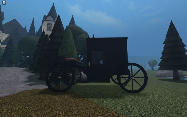 an old - fashioned black carriage is parked in front of some trees and a castle