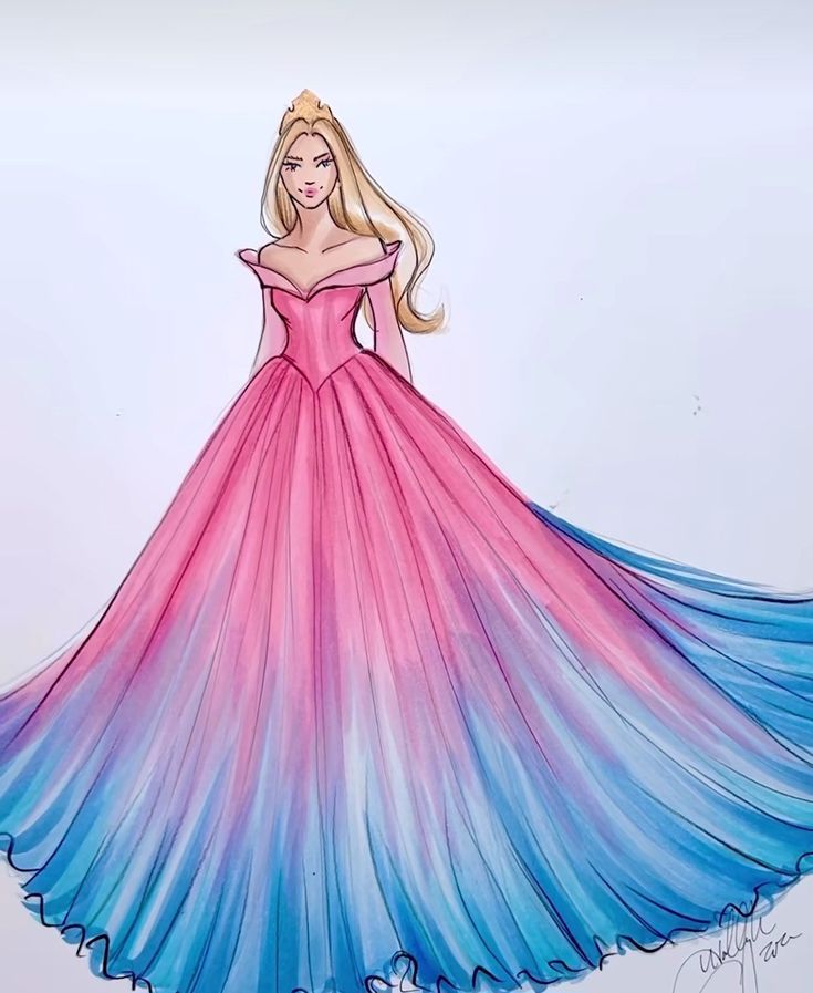 a drawing of a woman in a pink and blue dress with long blonde hair wearing a tiara