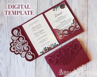 two red and white wedding cards with intricate laser cut designs on the front, back and sides