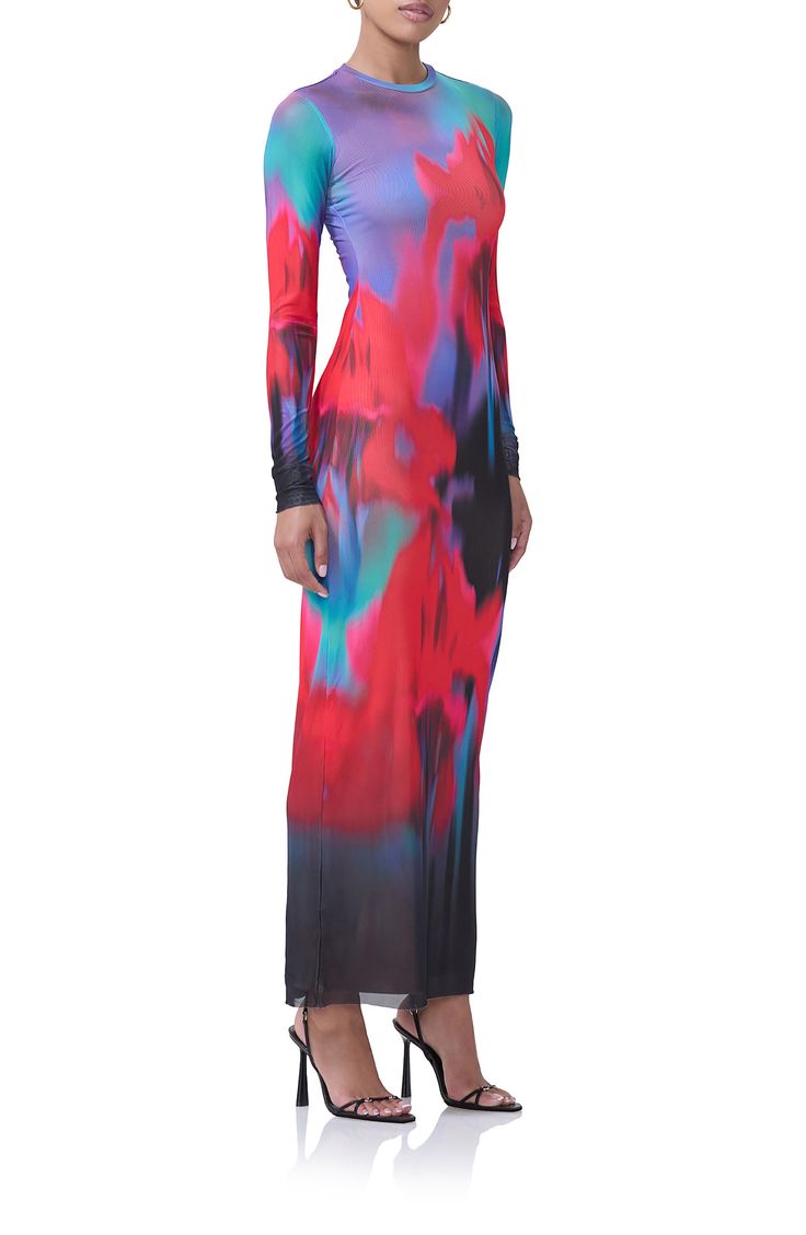 Make a sleek impression in this long-sleeve maxi cut in a smooth, curve-hugging silhouette from gauzy mesh covered in a bold print. Slips on over head Crewneck Long sleeves Lined, except sleeves 95% polyester, 5% spandex Machine wash, tumble dry Imported Multicolor Sheer Mesh Dress Fitted, Fitted Multicolor Sheer Mesh Dress, Stretch Maxi Dress With Sheer Sleeves, Fitted Long Sleeve Maxi Dress With Sheer Sleeves, Fall Maxi Dress With Sheer Sleeves, Sheer Stretch Maxi Dress, Multicolor Long Sleeve Maxi Dress For Evening, Fitted Long Mesh Dress For Spring, Fitted Abstract Print Maxi Dress For Party