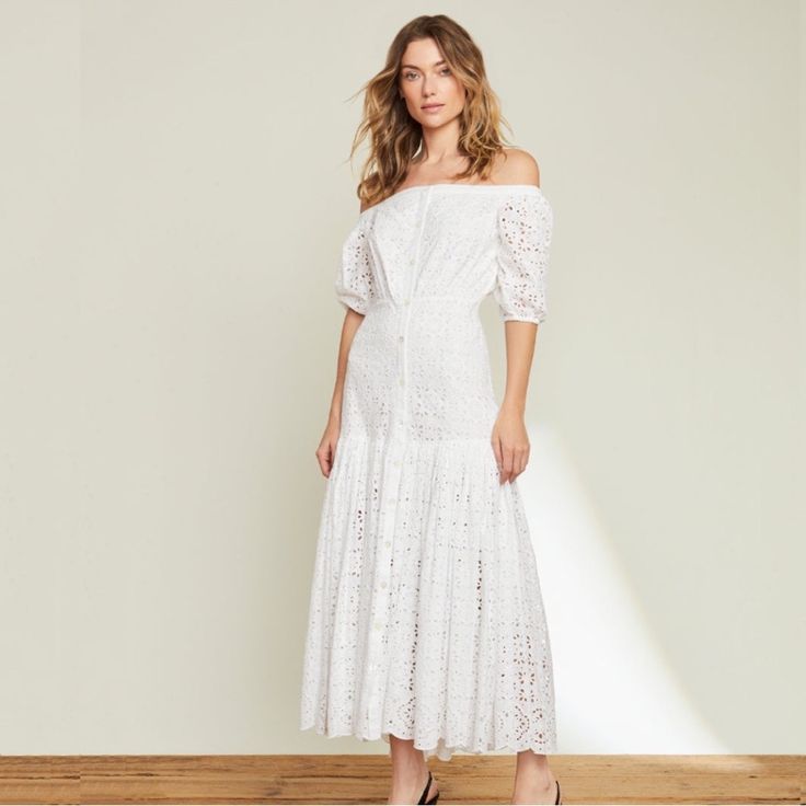 New Veronica Beard Cali Eyelet Dress Your Spring-Summer Wardrobe Isn't Complete Without An Eyelet Dress. Enter The Caliin 100% Cotton With Allover Eyelet Embroidery, This Off-Shoulder Maxi Style Also Features Fitted Hips And A Flared Skirt. A Picture-Perfect Summer Style, This Voluminous Dress. Wear Yours With A Tonal Pair Of Strappy Sandals, And Accessorize With Gold-Tone Jewelry Or With Easy Wedge Slides To Finish Your Look. 100% Cotton Sleeve Length 14" | Length Shoulder Seam To Shortest Hem Summer Off-shoulder Fitted Lace Dress, Summer Off-shoulder Lace Midi Dress, Summer Lace Off-shoulder Midi Dress, Off-shoulder Summer Dresses For Daywear, Fitted Knee-length Lace Dress For Summer, Fitted Summer Lace Midi Dress, Feminine Summer Knee-length Lace Dress, Fitted Lace Midi Dress For Summer, Fitted Lace Dress For Summer Brunch