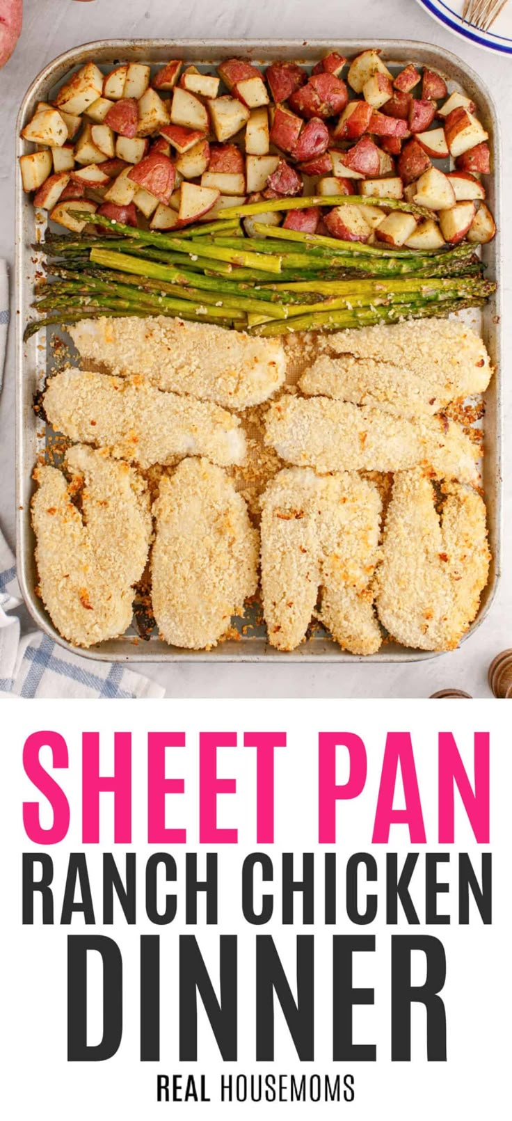 sheet pan ranch chicken dinner with asparagus and potatoes on the side, served in a casserole dish