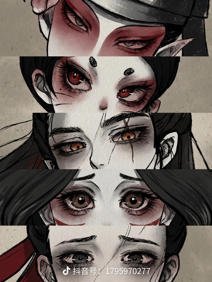 four different pictures of the same woman's face with red eyeliners and black hair