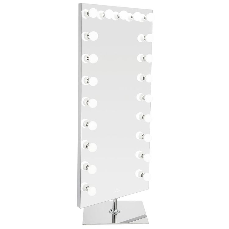 a large lighted mirror on top of a metal stand