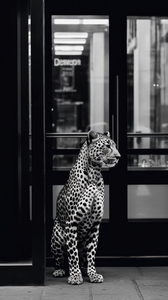 a black and white photo of a leopard sitting in front of a storefront door