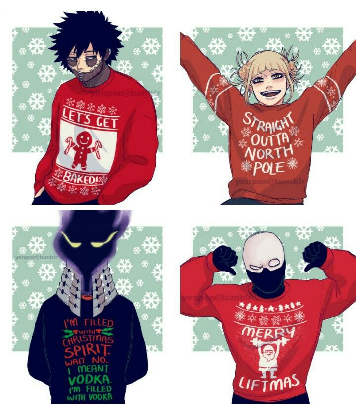 four anime characters wearing ugly sweaters with their arms in the air and one holding his head