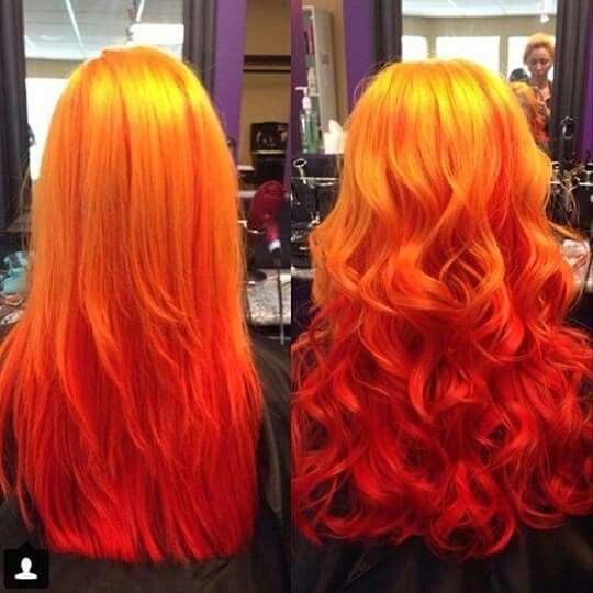 Both styles are just amazing! Flame Hair, Cheveux Oranges, Dyed Hair Ombre, Red Ombre Hair, Fire Hair, Bright Hair, Hair Styler, Yellow Hair, Ombre Hair Color