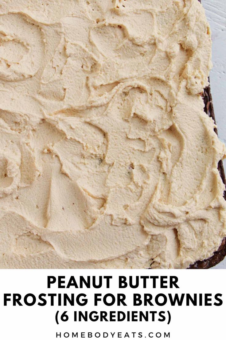 peanut butter frosting for brownies recipe on top of a white plate with text overlay