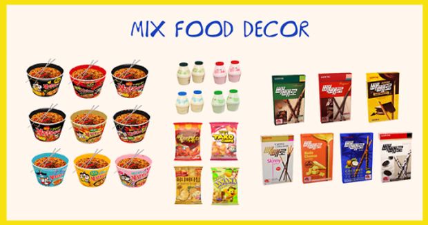 an assortment of food items displayed in front of a white board with the words mix food decor on it