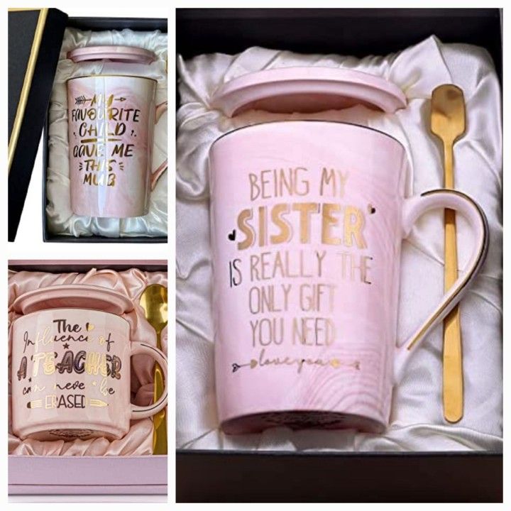 the pink coffee mug is in its gift box and it says, being my sister is really the only gift you need