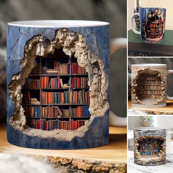 there is a coffee mug with books on it and other pictures of the same cup