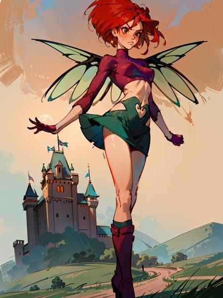 a woman with red hair and wings standing in front of a castle on a hill