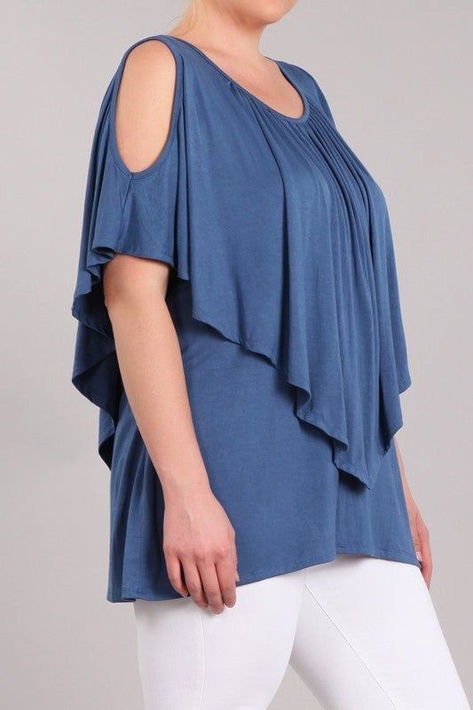 Plus Tops - Jalynn's Closet Spring Layering Off-shoulder Tops, Spring Off-shoulder Tops For Layering, Off-shoulder Tops For Spring Layering, Solid Color Stretch Cold Shoulder Tops, Stretch Cold Shoulder Top, Blue Cold Shoulder Tops For Spring, Casual Stretch Cold Shoulder Tops, Blue Cold Shoulder Summer Top, Blue Cold Shoulder Top For Summer