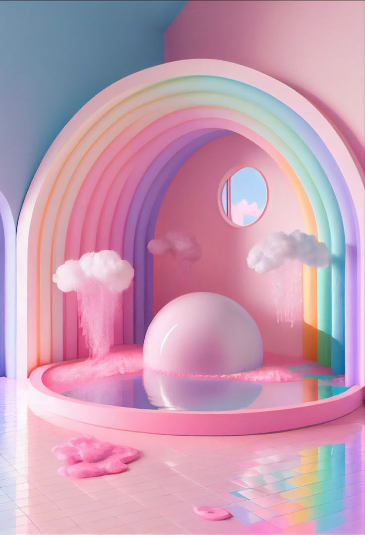 a pink room with rainbow colored walls and clouds