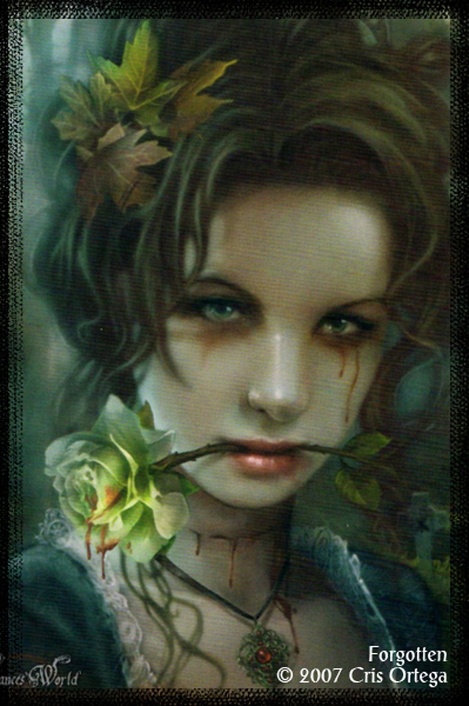 a painting of a woman with leaves on her head and eyes, holding a rose in front of her face