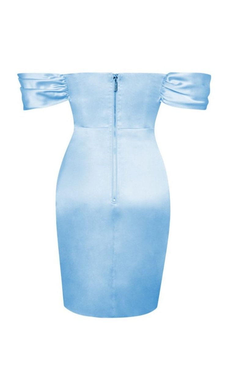 Float in and out of the clouds in our dreamy sky blue Zori. Cut from a non-stretch satin, this design was made to be simple yet very stylish. Featuring a boned corset and a draping off-the-shoulder detail. Zori is fully lined and ruched to highlight your natural curves. Pair with a clear heel and sky blue clutch to your ready to go. Boned Corset Draping Shoulders Fully Lined Materials: Double Duchess Light Weave Satin Stretch Factor: Low Stretch Clean: Dry-clean only Length: Approx 28inch / 71cm Fitted Light Blue Satin Midi Dress, Blue Fitted Mini Satin Dress, Blue Fitted Satin Mini Dress, Fitted Blue Satin Mini Dress, Fitted Knee-length Satin Dress For Summer, Fitted Light Blue Knee-length Bodycon Dress, Light Blue Fitted Knee-length Bodycon Dress, Fitted Light Blue Bodycon Dress, Knee-length, Fitted Short Sleeve Satin Dress