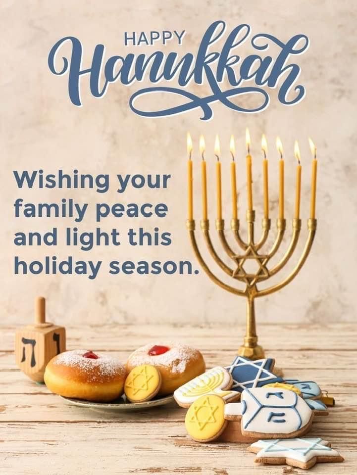 happy hanukkah greeting card with donuts and menorah on wooden table