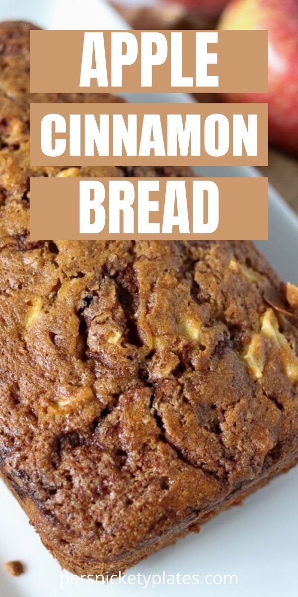 apple cinnamon bread on a white plate with apples in the background and text overlay