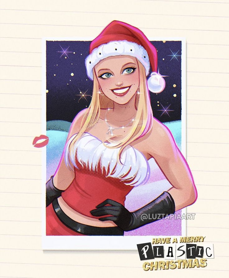 a drawing of a woman wearing a santa hat and holding a christmas present in her hand