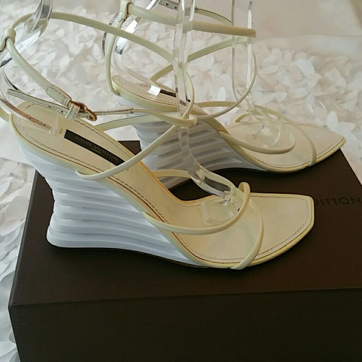 Gorgeous White Wedge Heeled Strappy Shoes. 4" Heel. I Love The Stiletto Heel Within The Wedge Style. Worn Only 1 Or 2 Times. Comes With Box, And 2 Dust Bags. White Wedge Heels, Louis Vuitton White, Strappy Shoes, White Wedges, Wedges Style, Louis Vuitton Shoes, 1 Or 2, Only 1, Stiletto Heel