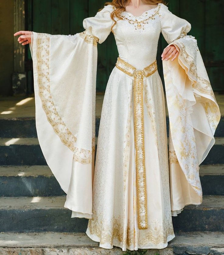 Asoiaf Wedding Dress, White And Gold Medieval Dress, Mid Evil Dresses, Medieval White Dress, Medieval Royal Dress, White Medieval Dress, Middle Ages Dress, Midevil Dress, Royalty Clothing