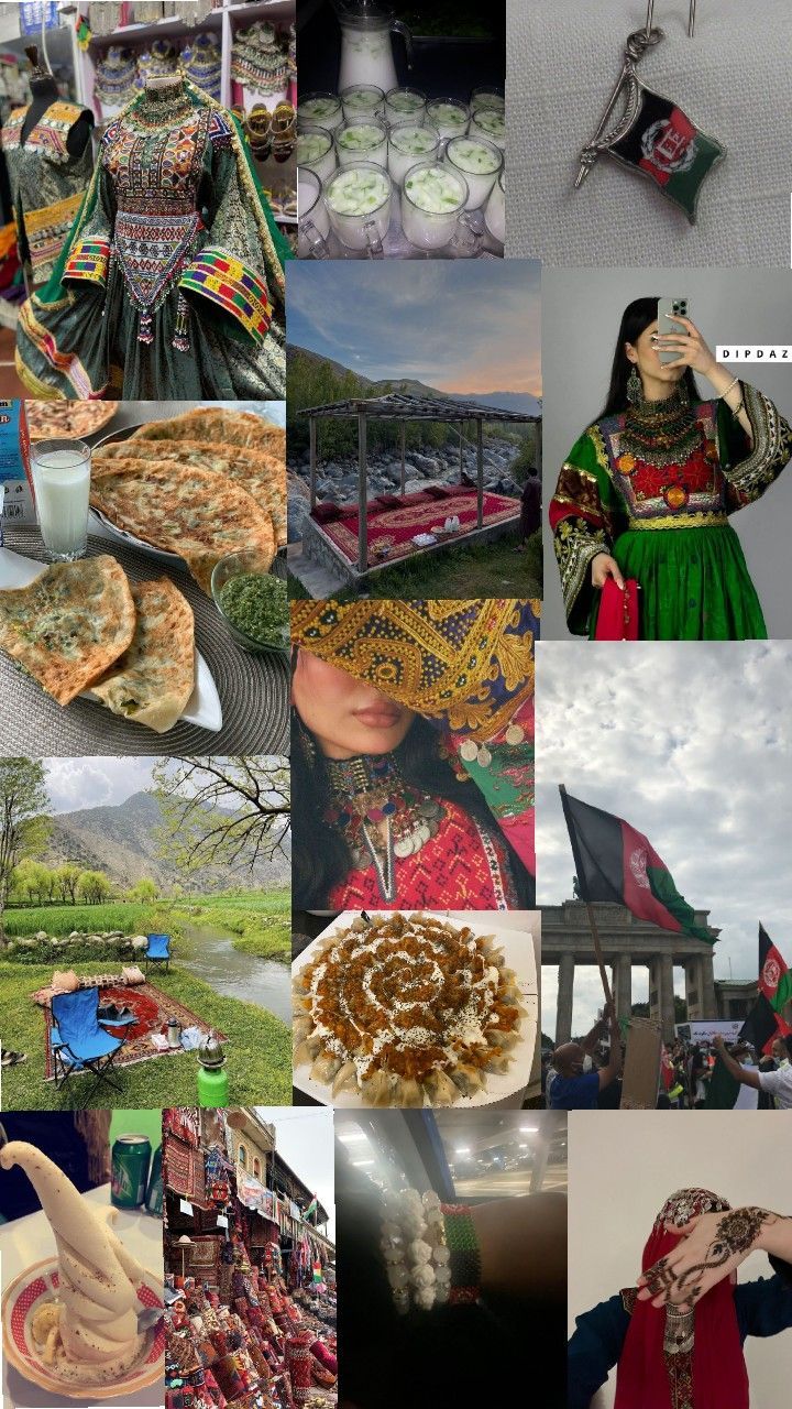 a collage of pictures with food and people in the middle one has a flag on it