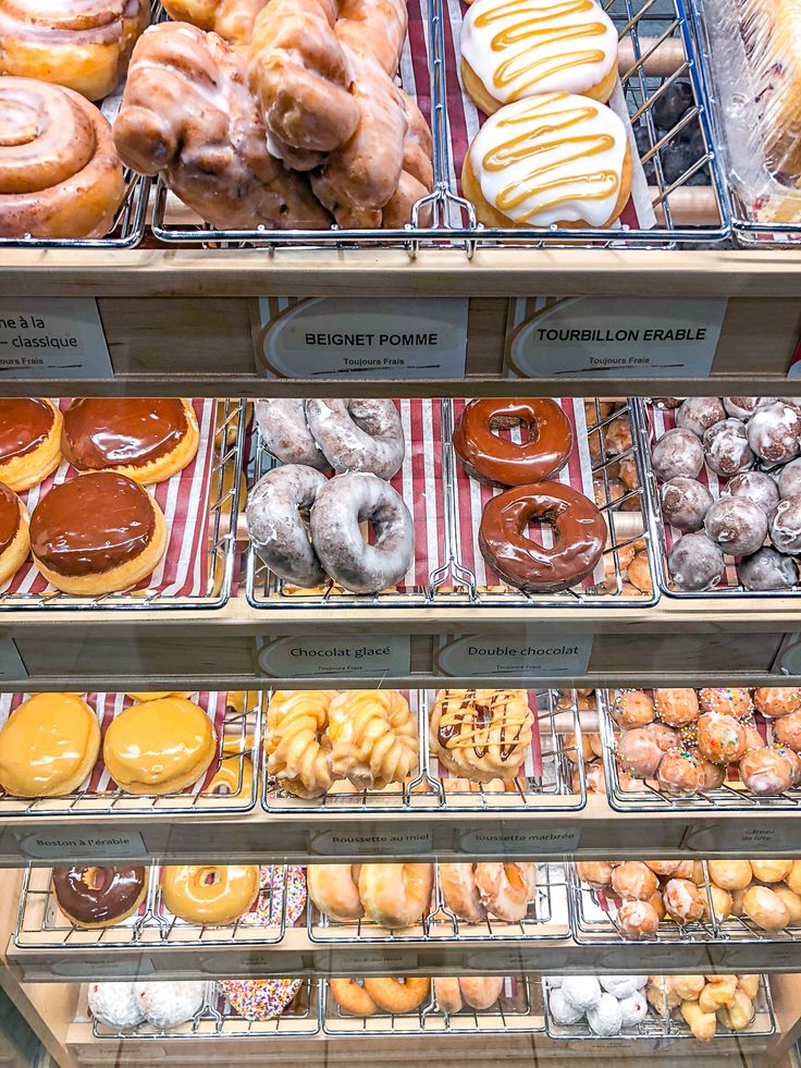 a display case filled with lots of different types of donuts