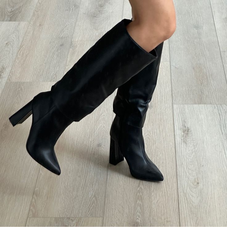 Dsw Fold Over Boots In Black Faux Leather. Brand New, Never Worn. Wide Calf Pointed Toe Synthetic Heeled Boots, Wide Calf Synthetic Heeled Boots With Pointed Toe, Black Wide Calf Synthetic Heeled Boots, Wide Calf Black Heeled Boots, Black Wide Calf Heeled Boots, Black Pointed Toe Knee-high Boots In Faux Leather, Pointed Toe Synthetic Heeled Boots For Work, High Heel Synthetic Boots For Work, High Heel Synthetic Heeled Boots For Work