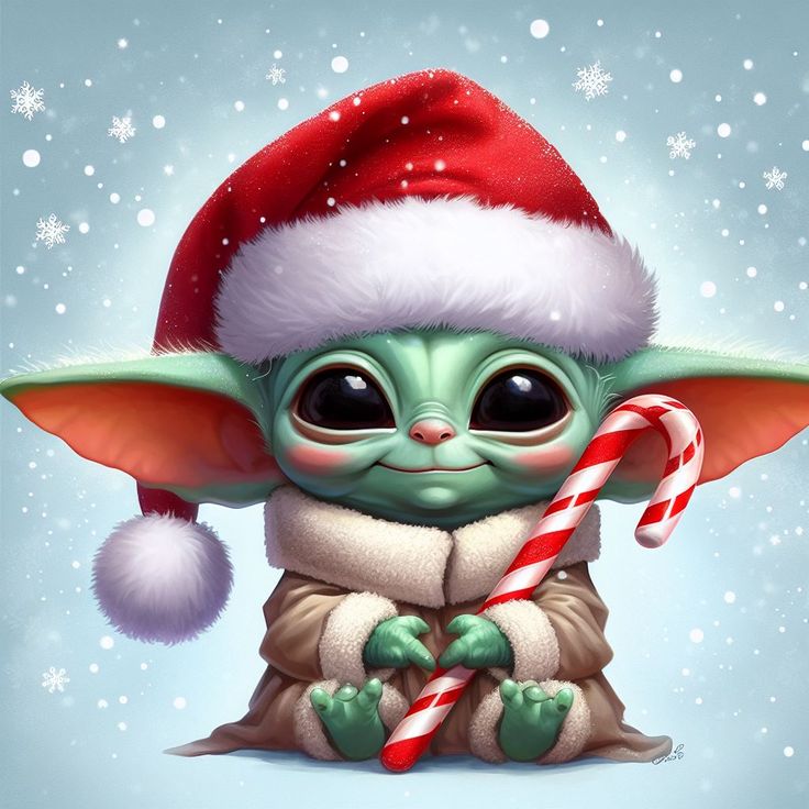 a baby yoda holding a candy cane wearing a santa hat