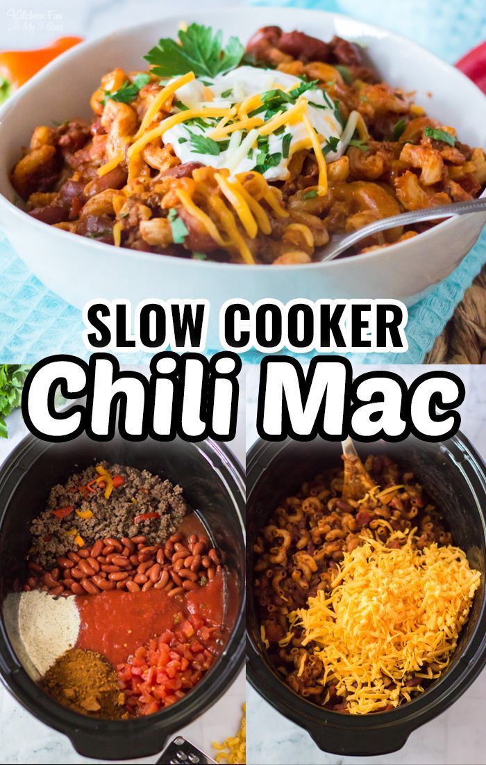 slow cooker chili mac and cheese in three different bowls with the words slow cooker chili mac