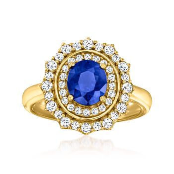 Ross-Simons - 1.80ct Sapphire, .51ct t. w. Diamond Ring Oval Cut in 18kt Yellow Gold. Size 7. This fabulous ring boasts a bright 1.80 carat oval sapphire illuminated by an impressive .51 ct. t. w. round brilliant-cut diamond double halo. Exuding ample sparkle and color, this ring will complement virtually every outfit you own! Crafted in 18kt yellow gold. 5/8" wide. Diamond and sapphire ring. Sapphire birthstones are the perfect gift for September birthdays. Yellow Gold Cluster Sapphire Ring With Brilliant Cut, Yellow Gold Sapphire Cluster Ring With Brilliant Cut, Yellow Gold Cluster Sapphire Ring With Center Stone, Yellow Gold Sapphire Cluster Ring With Center Stone, Dazzling Yellow Gold Sapphire Ring With Brilliant Cut, Yellow Gold Sapphire Ring With Halo Diamond Design, Gia Certified Yellow Gold Sapphire Ring With Diamonds, Yellow Gold Sapphire Ring With Halo Design, Classic Yellow Gold Sapphire Ring With Halo