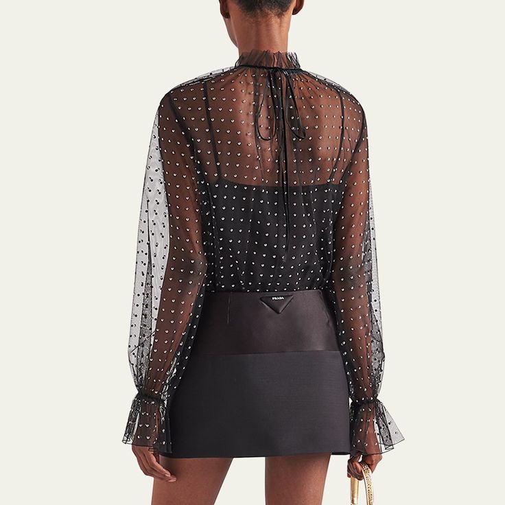 Prada tulle blouse with stud embellishment High neckline; self-tie/keyhole back Long sleeves; bell cuffs Relaxed fit Nylon Made in Romania Tulle Blouse, Crystal Makeup, Made In Romania, Bergdorf Goodman, High Neckline, Romania, Prada, Tops Designs, Top Brands