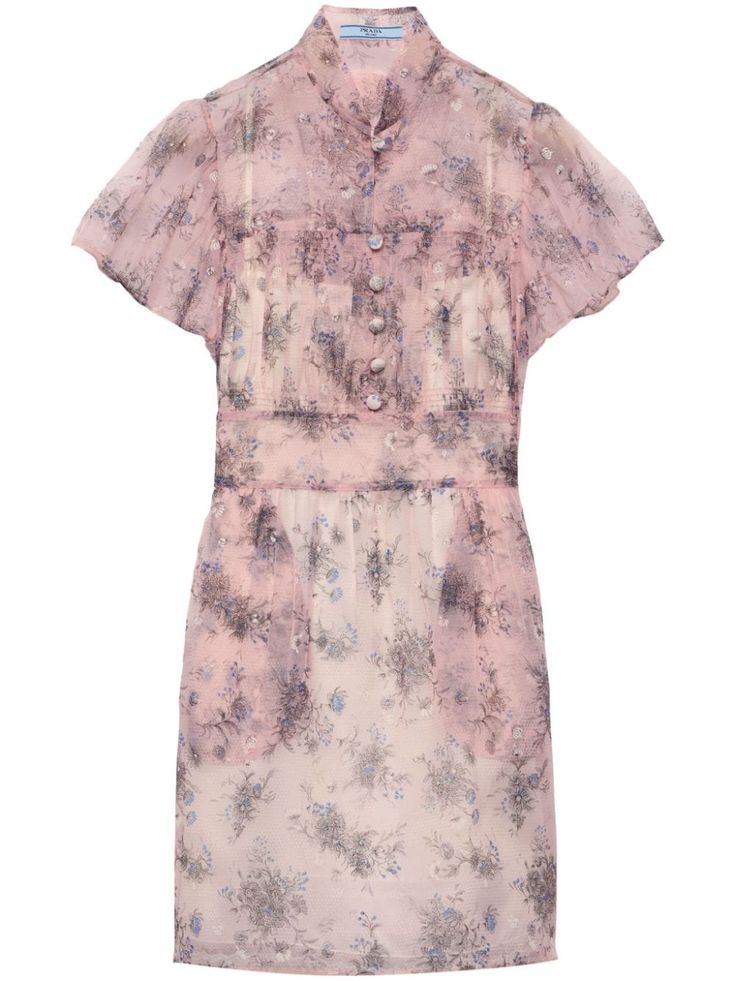 light pink all-over floral print band collar short sleeves front button fastening belted waist flared hem Marigold Print, Prada Mini, Wedding Guest Looks, City Dress, Conceptual Design, Triangle Logo, Fabric Belt, Summer Beach Wear, Band Collar