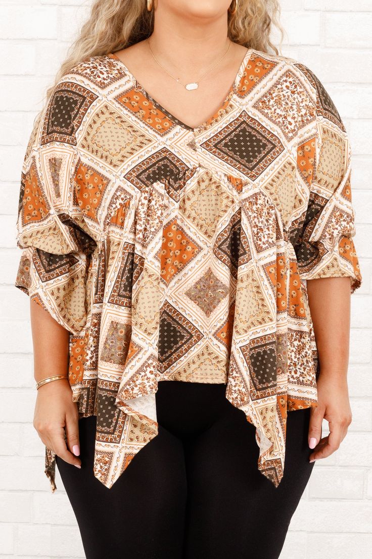 Part office-chic, part boho-chic, this top is the perfect choice for the season! Featuring a gorgeous geometric, floral pattern set against a bold, season-appropriate hue, this lovely top is sure to make a statement in any setting! 95% Polyester, 5% Spandex Multicolor Geometric Pattern Top For Fall, Fall Multicolor Geometric Pattern Top, Bohemian Rayon Top With Boho Print, Bohemian Boho Print Rayon Tops, Trendy Blouse With Geometric Pattern For Spring, Chic Patterned Tops For Fall, Printed Tops For Day Out In Fall, Patterned Top With Abstract Print For Fall, Patterned Printed Tops For Fall