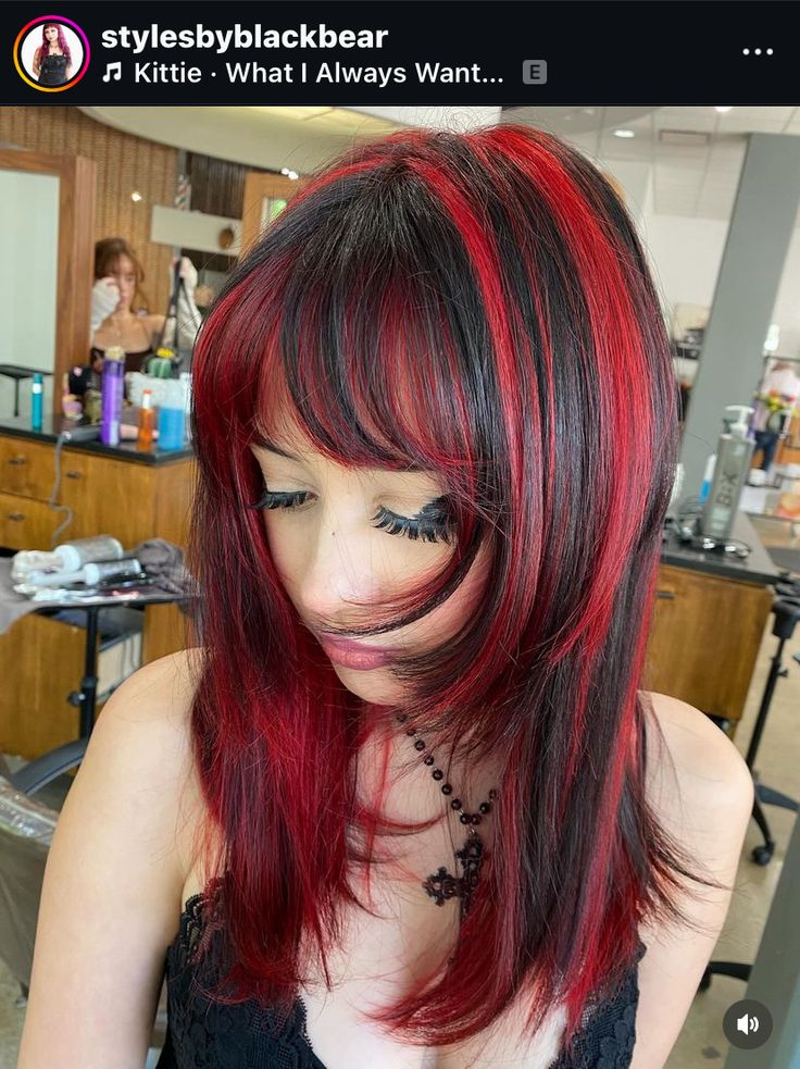 Red Under Highlights, Red Highlights On Dark Hair With Bangs, Red Underneath Brown Hair, Black Hair Colored Highlights, Red Hair With Black Lowlights, Dyed Underside Of Hair, Streak Hair Dye, Red Hair With Blonde Ends, Chunky Red And Blonde Highlights