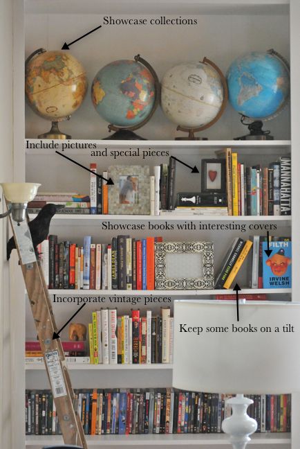 a bookshelf with several different types of globes on it and labeled shelves