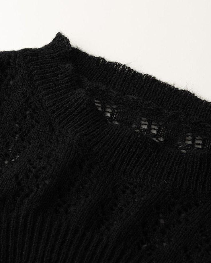 Details: Long-sleeve black crop top with crochet designTopLength: CroppedSleeveLength: Long SleevesMaterials:95% Polyester + 5% Spandex Cropped Textured Knit Crochet Top, Black Knitted Cropped Sweater, Black Stretch Knit Cropped Sweater, Black Open Knit Cropped Tops, Trendy Black Knitted Cropped Sweater, Black Cropped Open Knit Top, Casual Black Knitted Cropped Sweater, Black Pointelle Knit Top For Winter, Black Knit Crop Top For Winter