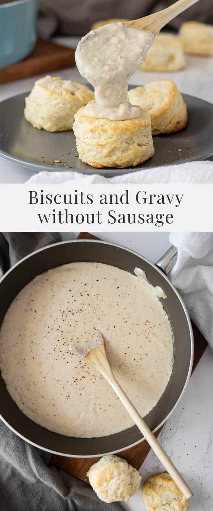 biscuits and gravy without sausage being served in a skillet with a wooden spoon