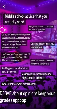 the screen shows an image of a bedroom with purple lighting and text that reads, middle school advice that you actually need