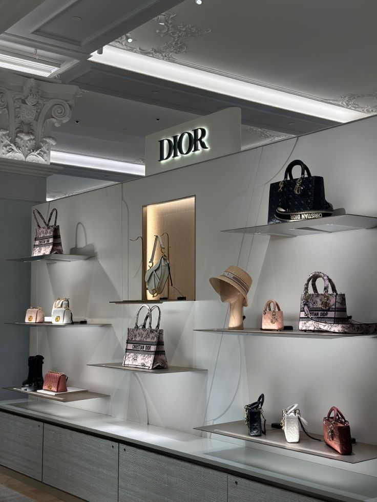 a display case filled with lots of purses and handbags on top of shelves