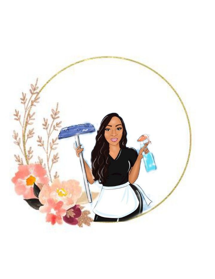 a woman holding a blue cleaning brush in her hand and flowers around her, on a white background