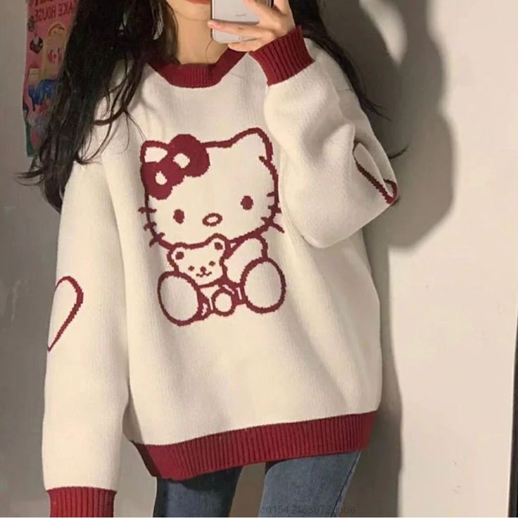 Fits S-L Super Comfy And Cute Hello Kitty Outfit, Kitty Clothes, Hello Kitty Clothes, Fluffy Sweater, Trendy Sweaters, Casual Tops For Women, Loose Sweater, Really Cute Outfits, Kawaii Clothes