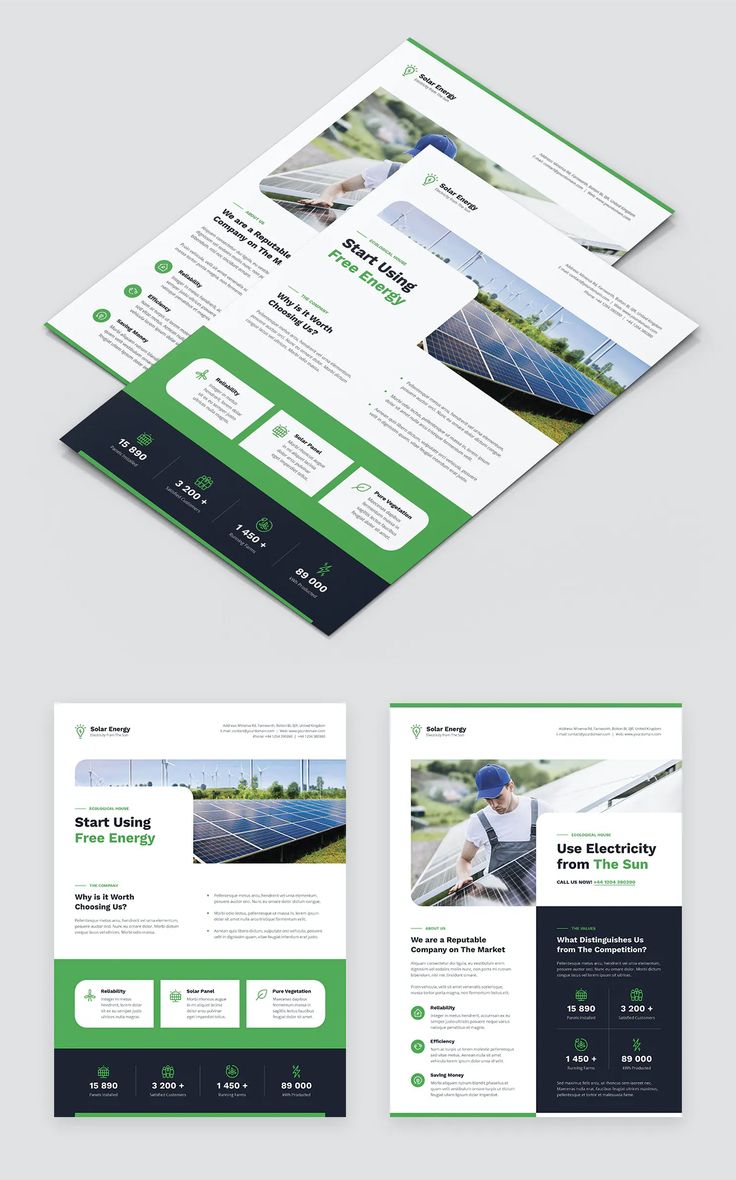 a green and black business brochure with an image of a man working on solar panels