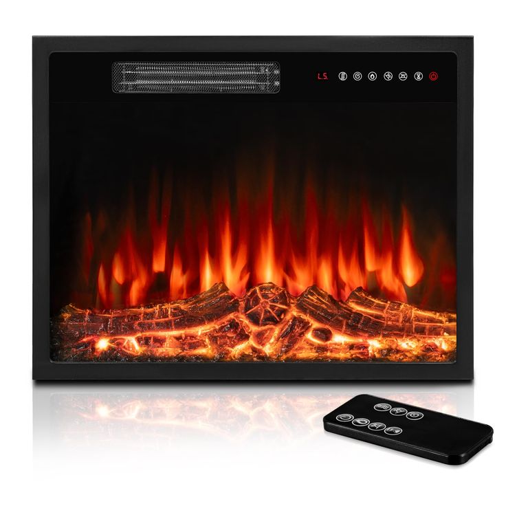 an electric fireplace with flames and remotes next to it, on a white background