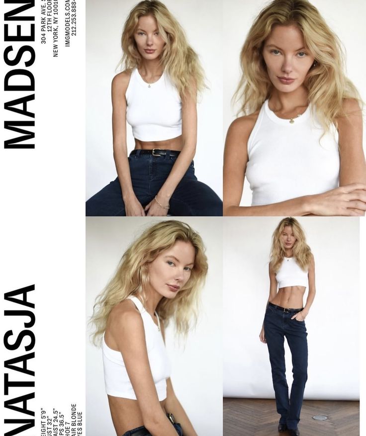 four photos of a woman in white top and jeans with her hands on her hips