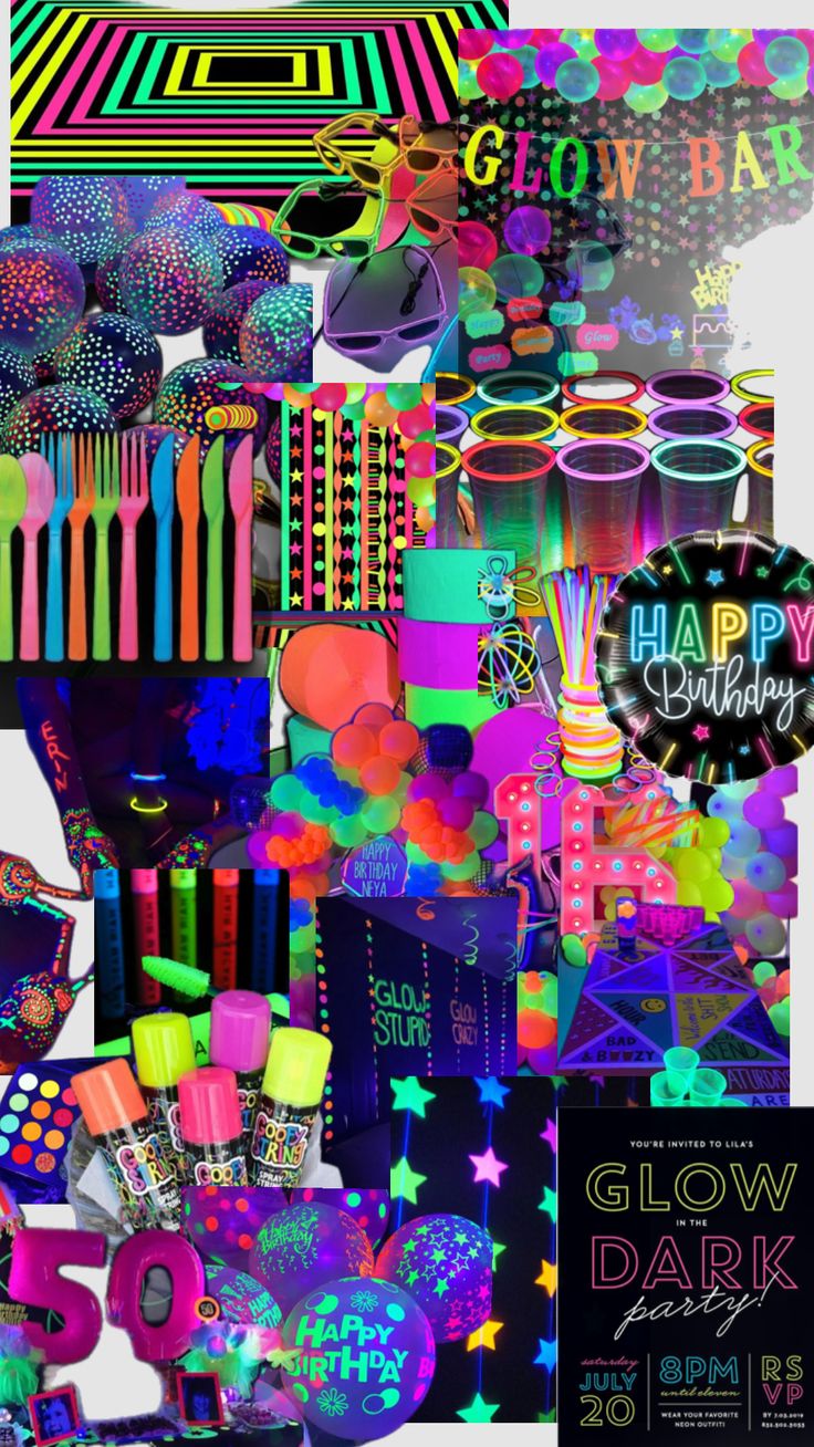 a collage of neon colors and designs with the words glow in the dark on it